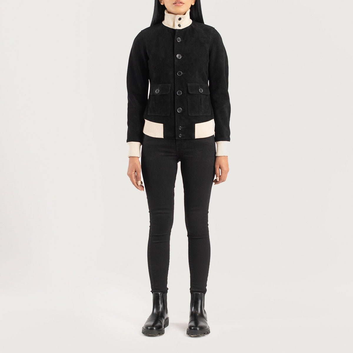 
Sasha A1 Black Suede Bomber Jacket - გვერდითი პროფილი ერგონომიული სახელოს ჭრით