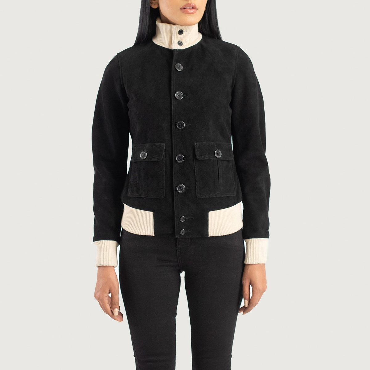 
ახლო ხედი of Knit Rib & Buttons Hardware on Sasha A1 Black Suede Bomber Jacket
