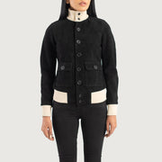 
ახლო ხედი of Knit Rib & Buttons Hardware on Sasha A1 Black Suede Bomber Jacket