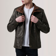 Sean Brown Leather Classic Jacket For Men in Brown Sheepskin Leather - Front Profile View &amp; Tailored Silhouette | Buy Online
