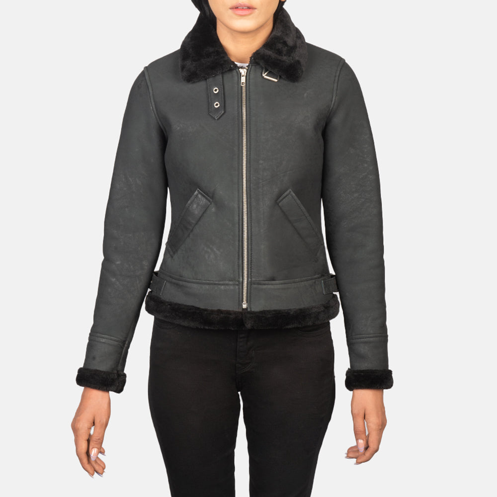 
ახლო ხედი of Buckled Collar & Zipper Hardware on Sherilyn B-3 Distressed Black Leather Bomber Jacket