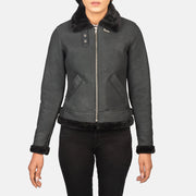 
ახლო ხედი of Buckled Collar & Zipper Hardware on Sherilyn B-3 Distressed Black Leather Bomber Jacket