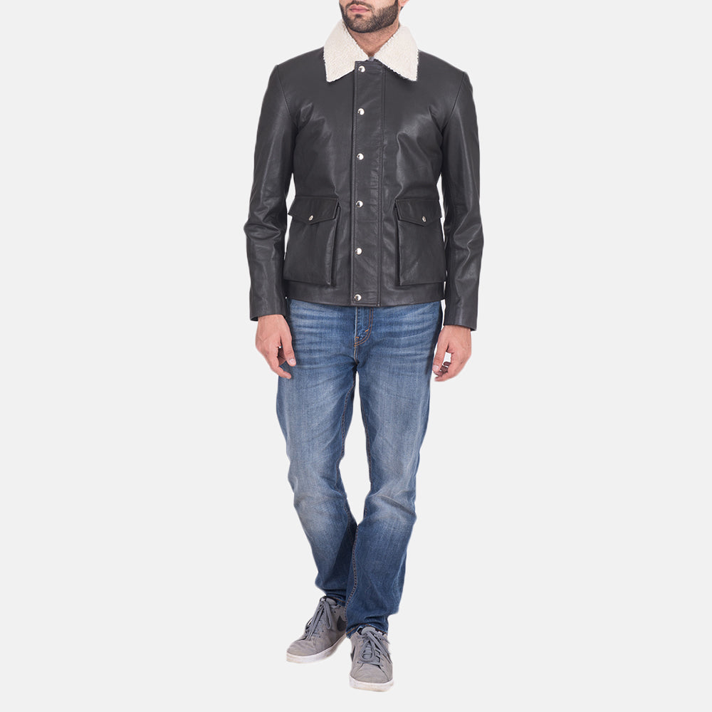 
ახლო ხედი of Shirt style Faux Shearling Collar & Zipper + Button Flap Hardware on Snow Cole შავი ტყავის ქურთუკი მამაკაცის