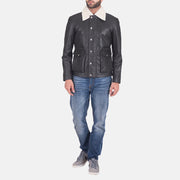 
ახლო ხედი of Shirt style Faux Shearling Collar & Zipper + Button Flap Hardware on Snow Cole შავი ტყავის ქურთუკი მამაკაცის