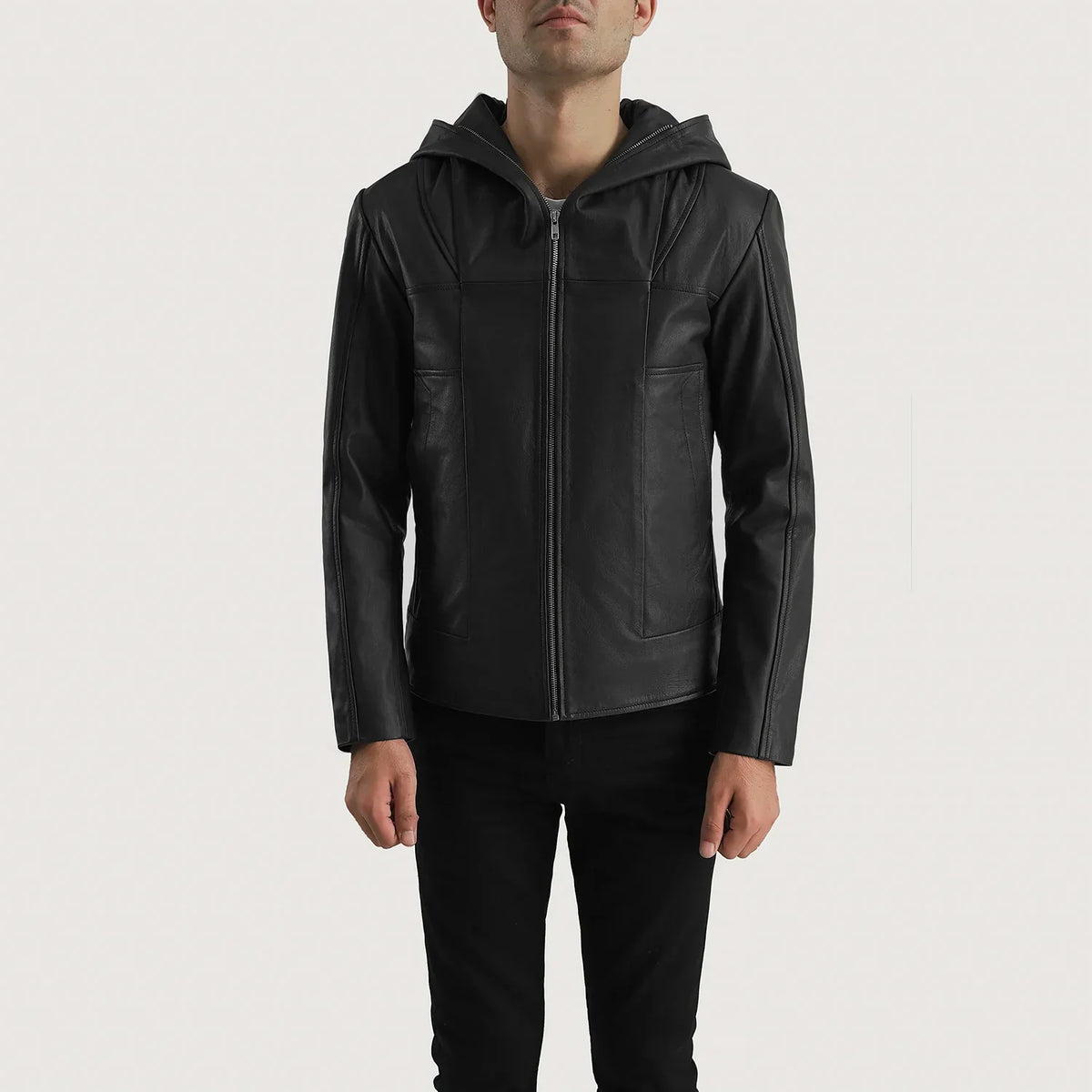 
Black Goatskin Leather Hooded Jacket - უკანა ხედი გამოკვეთილი მხრებით და სუფთა დაბოლოებით