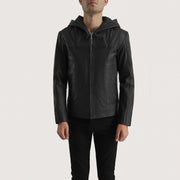 
Black Goatskin Leather Hooded Jacket - უკანა ხედი გამოკვეთილი მხრებით და სუფთა დაბოლოებით