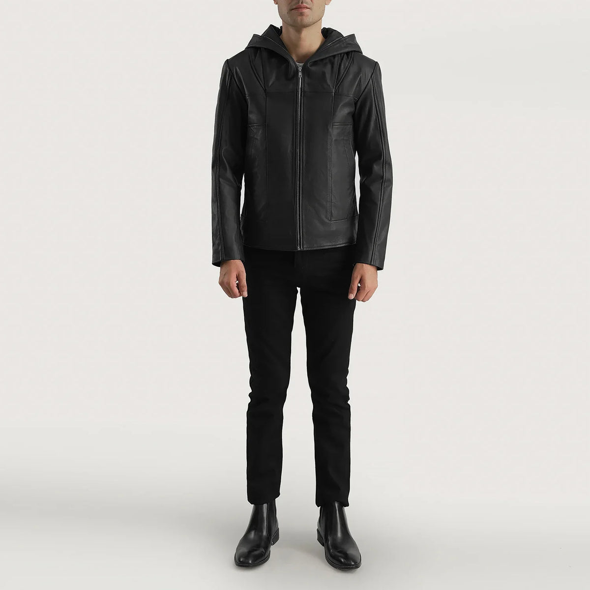 
ახლო ხედი of Hooded & Zipper Hardware on Spratt შავი Hooded ტყავის ქურთუკი მამაკაცის