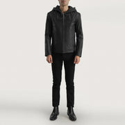 
ახლო ხედი of Hooded & Zipper Hardware on Spratt შავი Hooded ტყავის ქურთუკი მამაკაცის