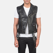 
Sullivan შავი Leather Biker Vest მამაკაცის - წინა ხედი და მორგებული სილუეტი | შეიძინეთ ონლაინ