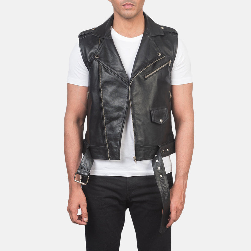 Sullivan შავი Leather Biker Vest მამაკაცის