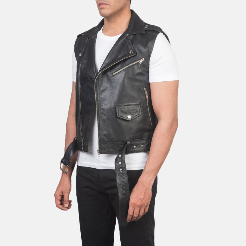 Sullivan შავი Leather Biker Vest მამაკაცის