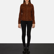 
საყელოსა და მეტალის ელვის ახლო ხედი Suzy Brown Suede Trucker Jacket