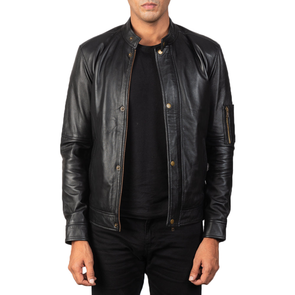 Men's Tea House Black Leather Biker Jacket in Black Sheepskin Leather - Front Profile View &amp; Tailored Silhouette | Buy Online