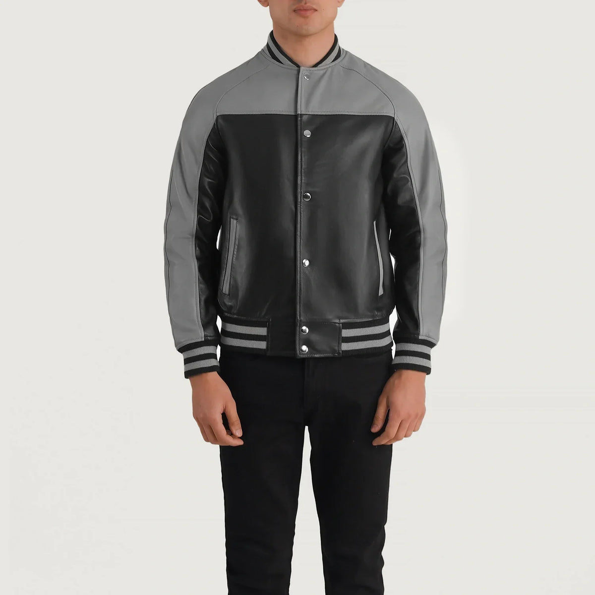
ახლო ხედი of Varsity & Snap Buttons Hardware on Terrance Black & Red Leather Varsity Jacket