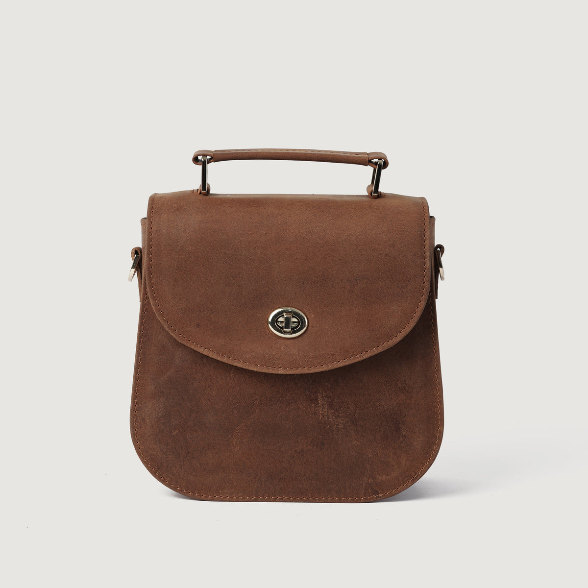 
The Sandra Vintage ტანი Leather Saddle Bag For Women - გვერდითი პროფილი სიღრმისა და მოცულობის ჩვენებით