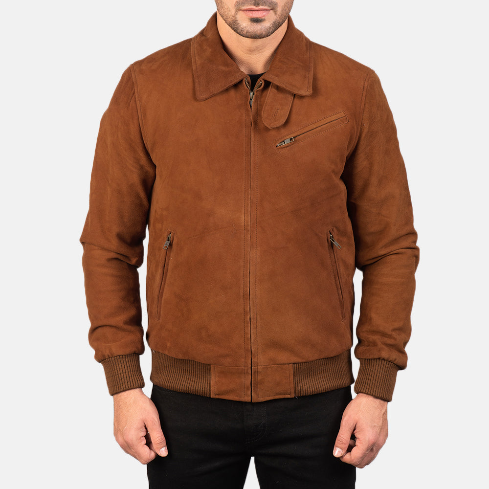 Close-Up Detail of Shirt &amp; Zipper Hardware on Tomchi ტანი Suede ტყავის ქურთუკი მამაკაცის