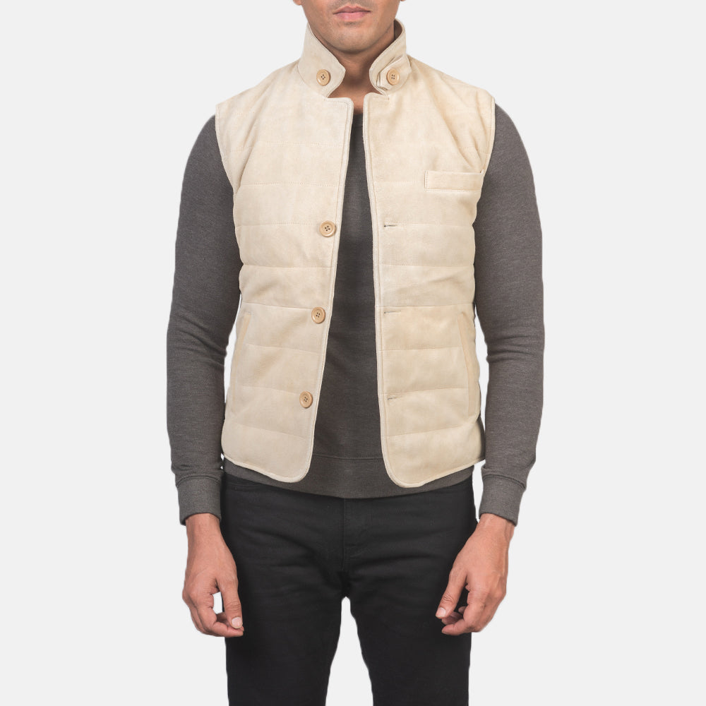 Men's Tony Off-White Suede Vest in Off-White Goatskin Suede - Front Profile View &amp; Tailored Silhouette | Buy Online