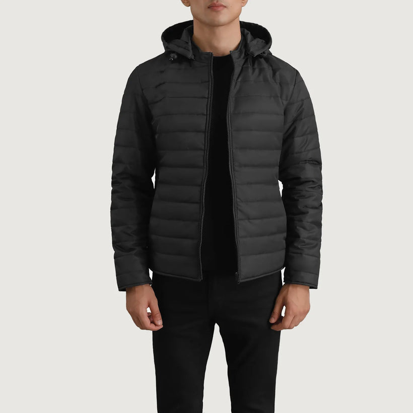 Tyler შავი Hooded Puffer ტყავის ქურთუკი მამაკაცის