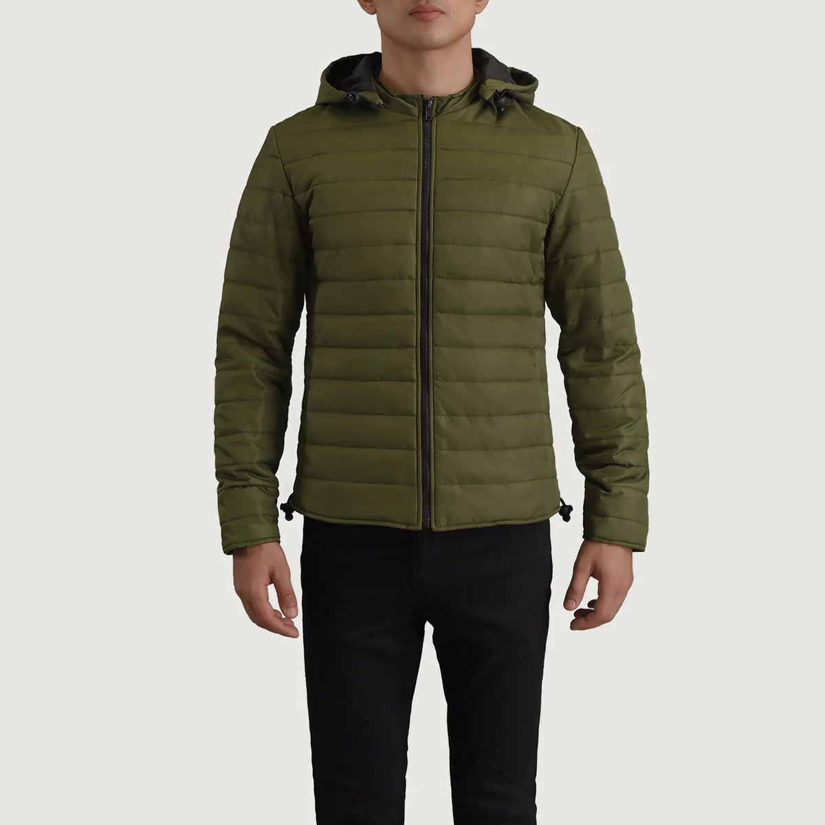 Close-Up Detail of Classic Collar & Zipper Hardware on Tyler Green Hooded Puffer Jacket