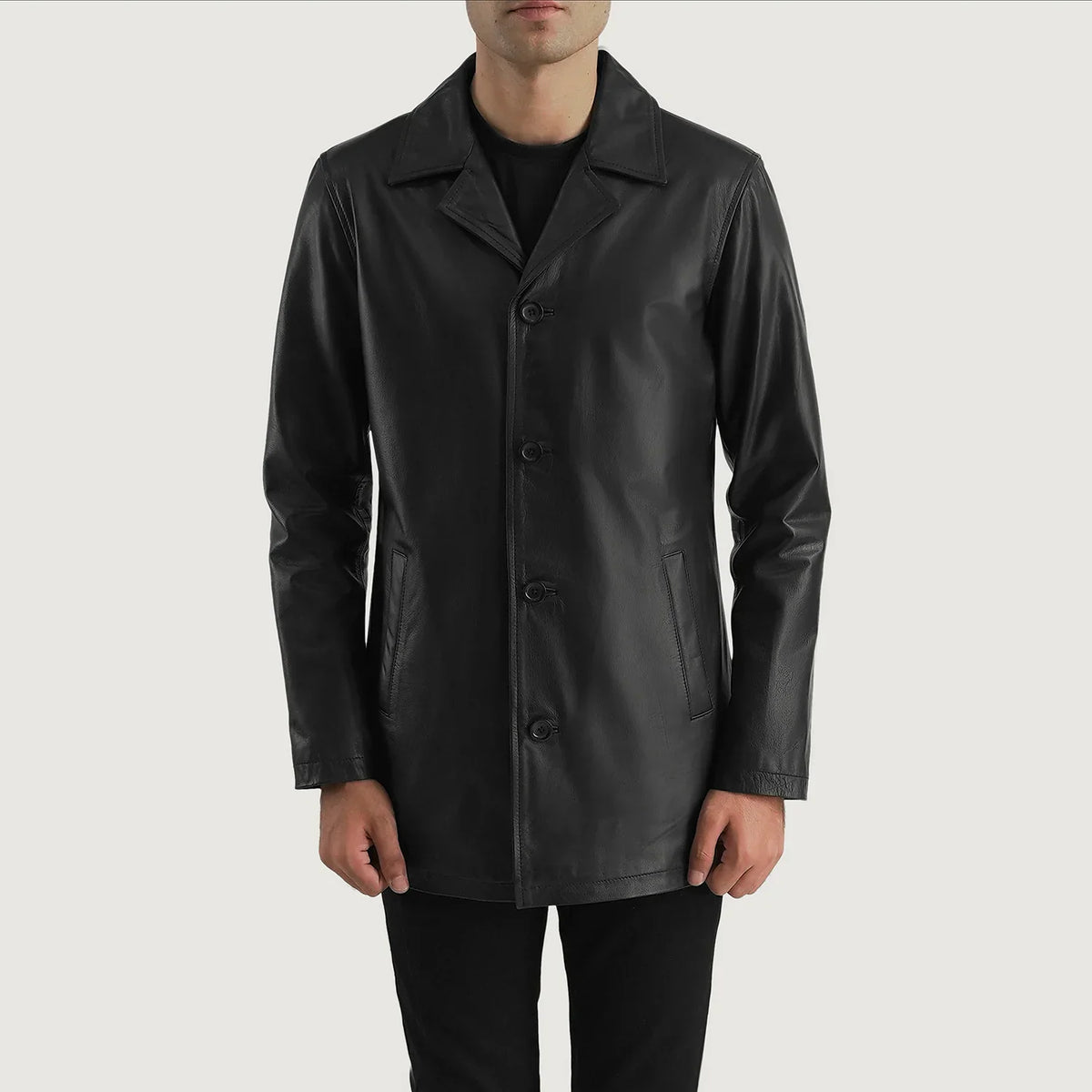 
Urban Slate შავი ტყავის პალტო მამაკაცის in Black Cowhide (Lt-071) Leather - წინა ხედი და მორგებული სილუეტი | შეიძინეთ ონლაინ