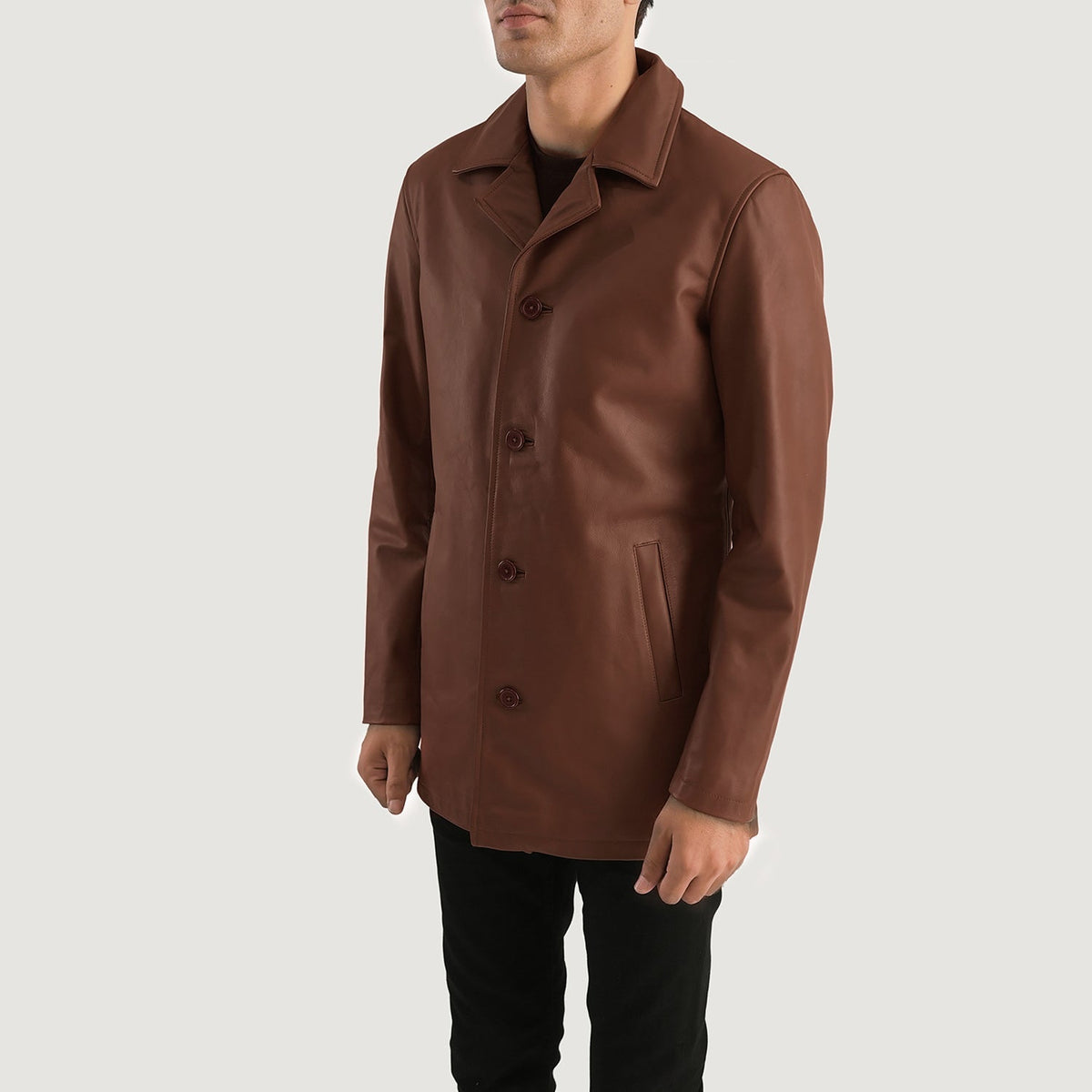 
Brown Cowhide leather Coat - უკანა ხედი გამოკვეთილი მხრებით და სუფთა დაბოლოებით