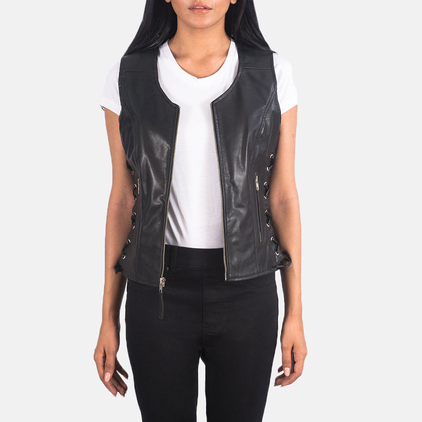 Vanda შავი Leather Biker Vest ქალის