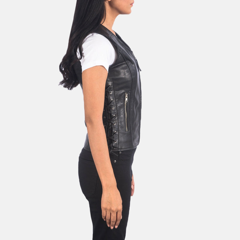 Vanda შავი Leather Biker Vest ქალის
