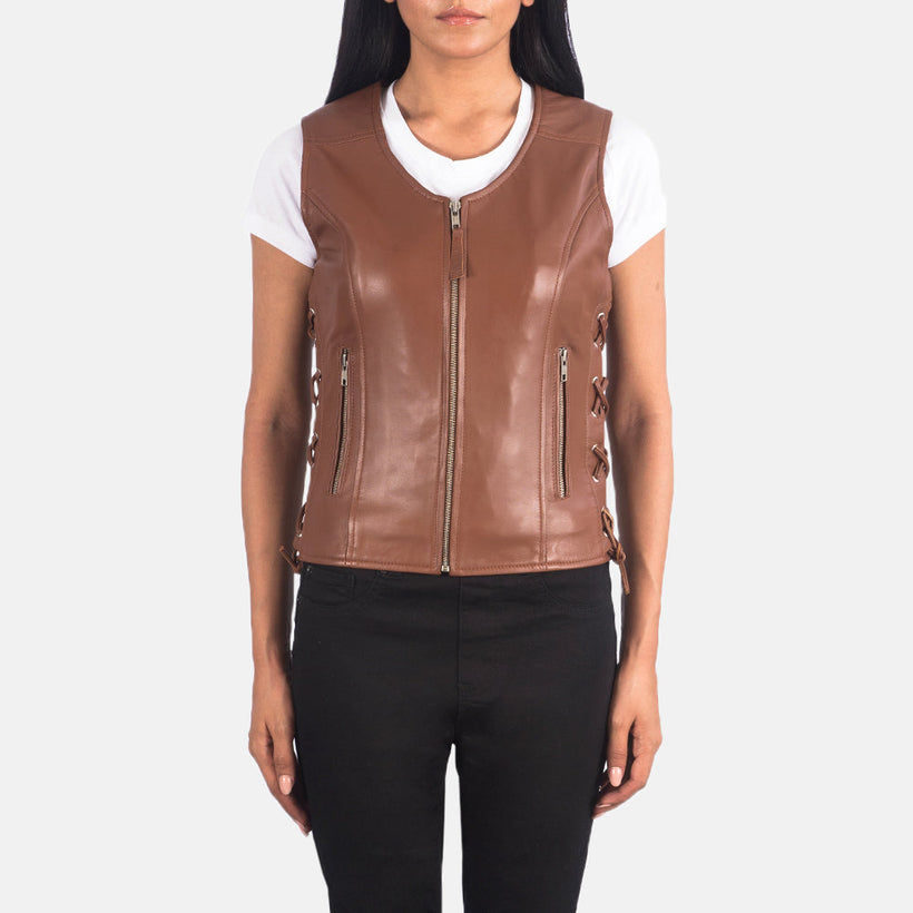 Vanda ყავისფერი Leather Biker Vest ქალის
