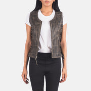 
Vanda Distressed ყავისფერი Leather Biker Vest ქალის in Distressed Brown Goatskin Leather - წინა ხედი და მორგებული სილუეტი | შეიძინეთ ონლაინ