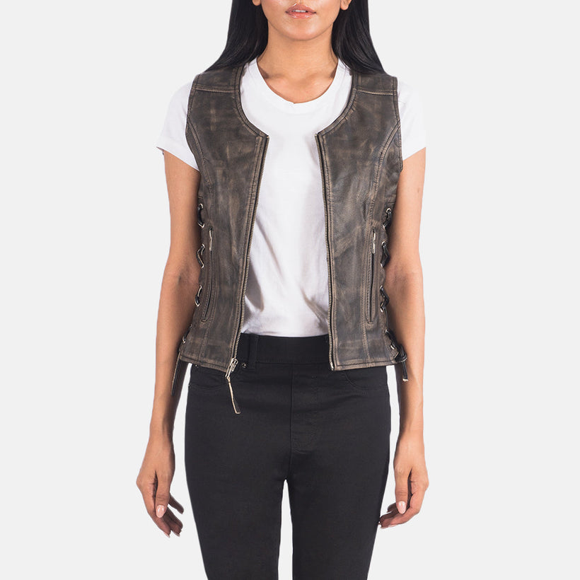 Vanda Distressed ყავისფერი Leather Biker Vest ქალის