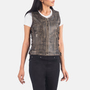 
Distressed Brown Goatskin Leather Biker Jacket - უკანა ხედი გამოკვეთილი მხრებით და სუფთა დაბოლოებით
