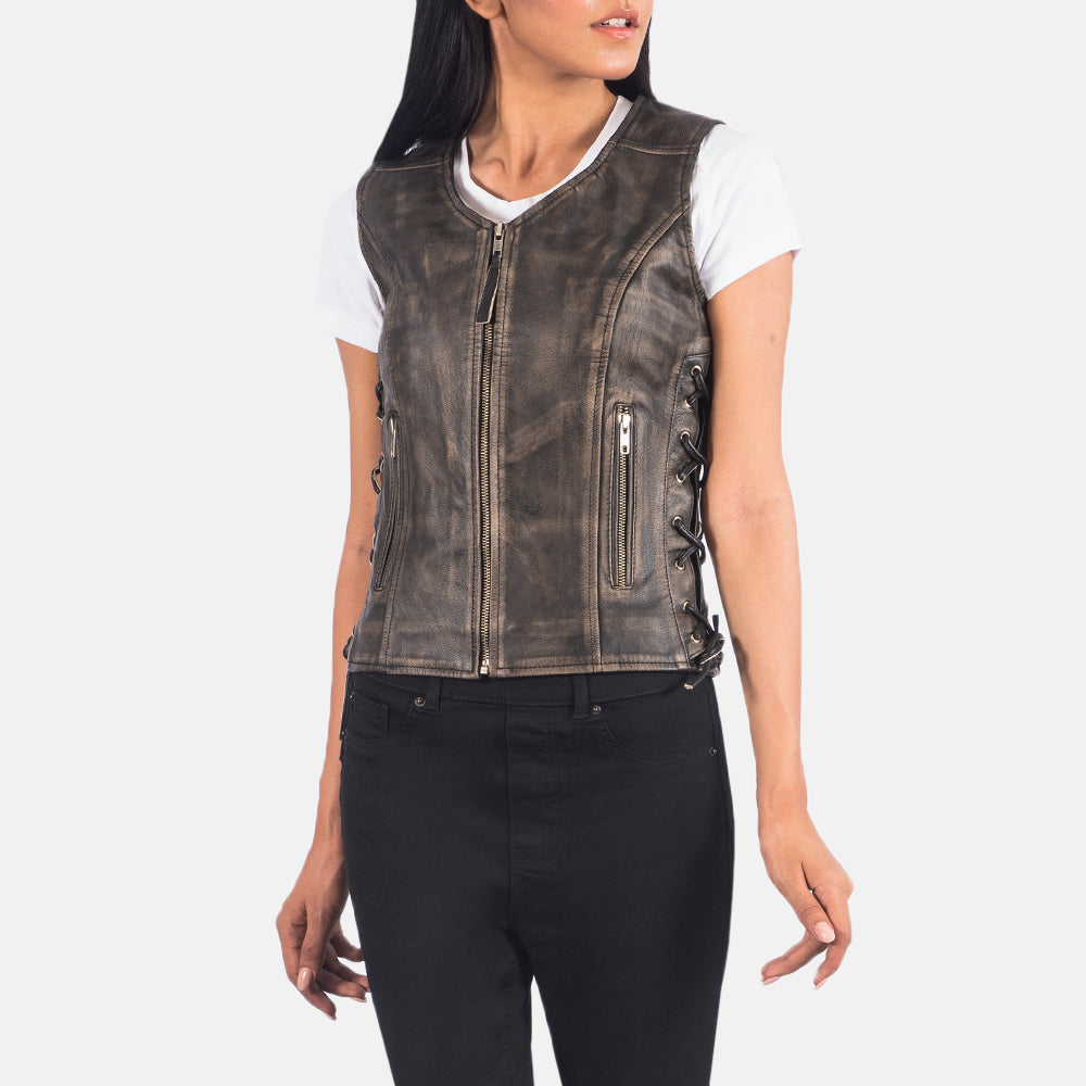 
ახლო ხედი of V-neck & Zipper Hardware on Vanda Distressed ყავისფერი Leather Biker Vest ქალის