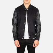 Men's Vaxton Black Hybrid Varsity Jacket in Black Sheepskin Leather - Front Profile View &amp; Tailored Silhouette | Buy Online