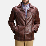 
Brown Sheepskin leather Coat - უკანა ხედი გამოკვეთილი მხრებით და სუფთა დაბოლოებით