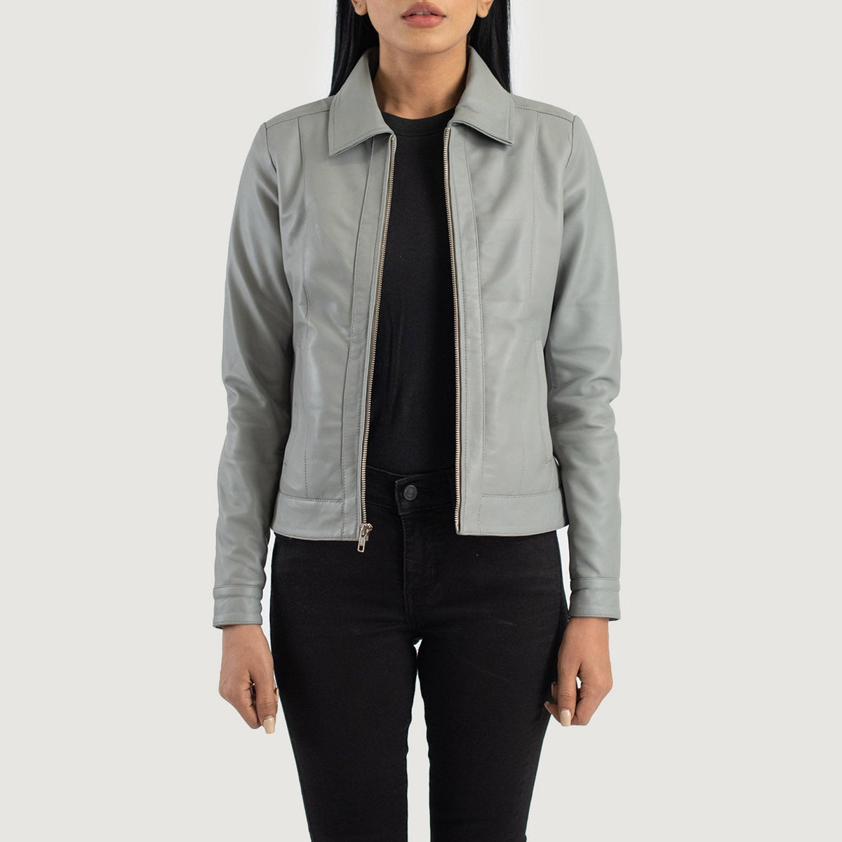 
Snap Buttons & Hem Craftsmanship Construction Detail on Vixen Pink Classic Collar Leather Jacket