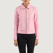 
საყელოსა და მეტალის ელვის ახლო ხედი Vixen Pink Classic Collar Leather Jacket