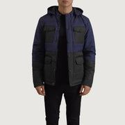 
Wayne შავი & ლურჯი Hooded Puffer ტყავის ქურთუკი მამაკაცის in Black + Blue Full-Grain Leather - წინა ხედი და მორგებული სილუეტი | შეიძინეთ ონლაინ