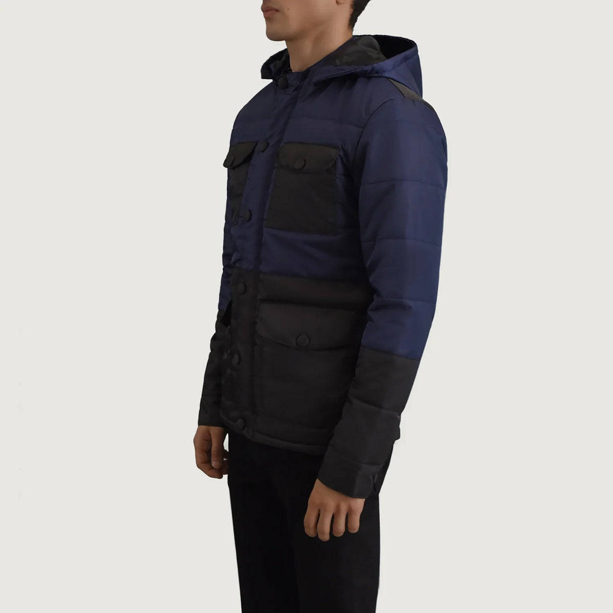 
Black + Blue Full-Grain Leather Hooded Jacket - უკანა ხედი გამოკვეთილი მხრებით და სუფთა დაბოლოებით