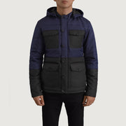 
ახლო ხედი of Classic Collar & Heavy-Duty Zipper Hardware on Wayne შავი & ლურჯი Hooded Puffer ტყავის ქურთუკი მამაკაცის
