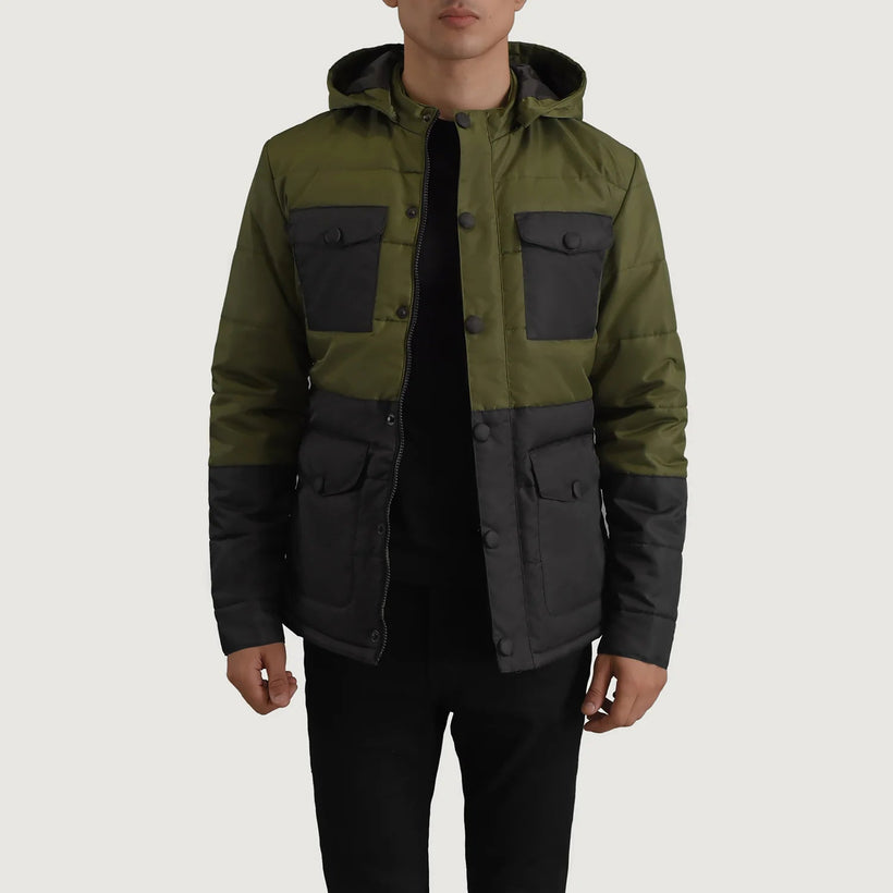 Wayne შავი & მწვანე Hooded Puffer ტყავის ქურთუკი მამაკაცის