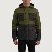 
ახლო ხედი of Classic Collar & Heavy-Duty Zipper Hardware on Wayne შავი & მწვანე Hooded Puffer ტყავის ქურთუკი მამაკაცის
