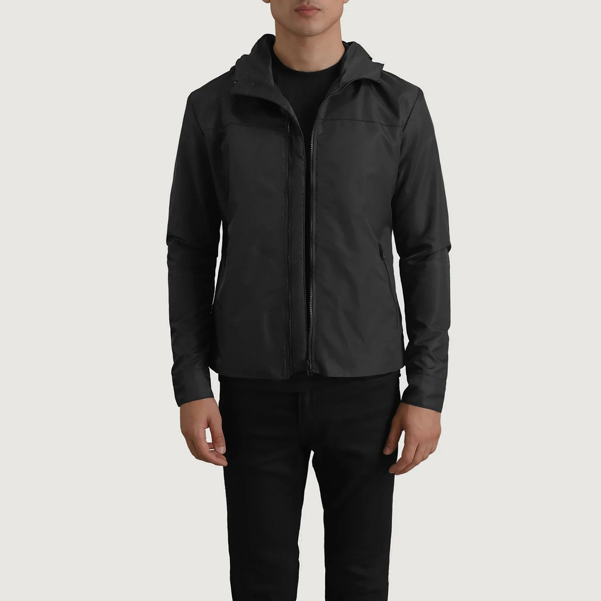 
Wesley შავი Hooded Windbreaker ტყავის ქურთუკი მამაკაცის შავი ნატურალური ხარის ტყავით - წინა ხედი და მორგებული სილუეტი | შეიძინეთ ონლაინ