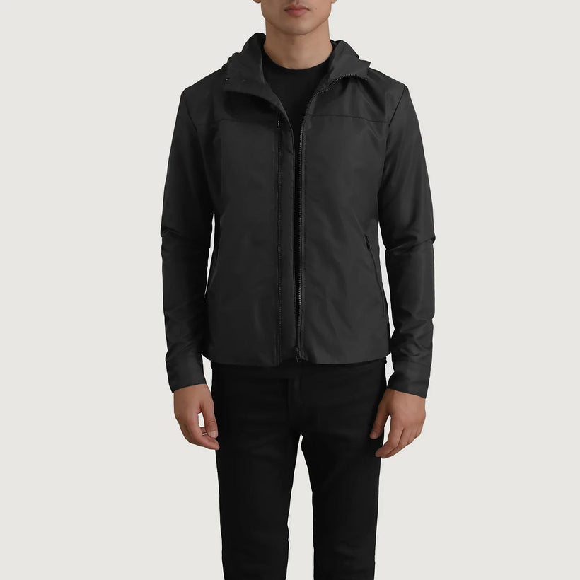 Wesley შავი Hooded Windbreaker ტყავის ქურთუკი მამაკაცის