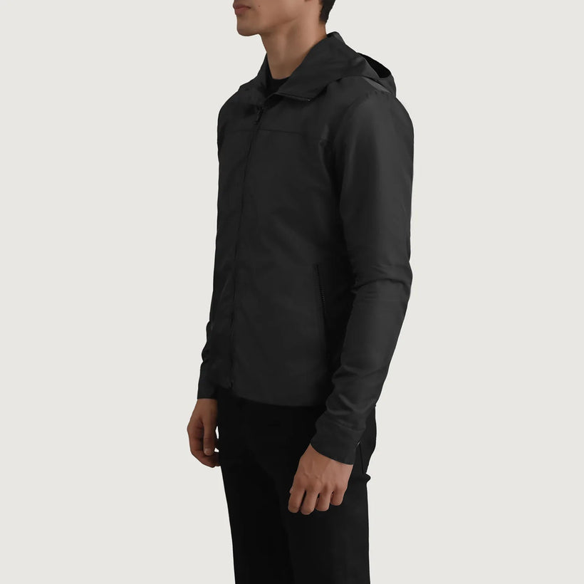Wesley შავი Hooded Windbreaker ტყავის ქურთუკი მამაკაცის