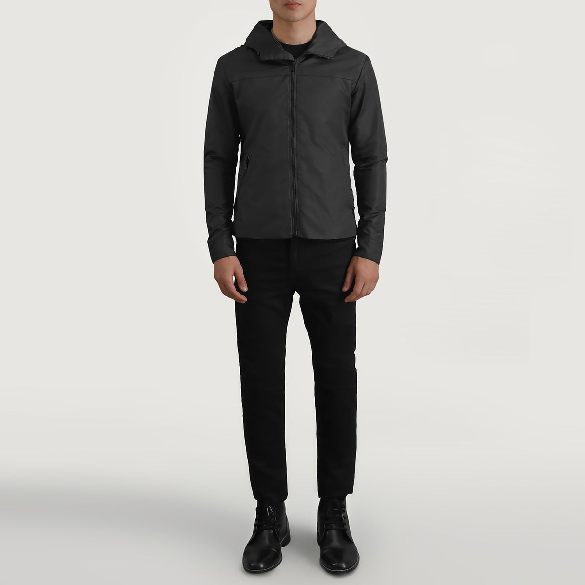 
Wesley შავი Hooded Windbreaker ტყავის ქურთუკი მამაკაცის - გვერდითი პროფილი ერგონომიული სახელოს ჭრით