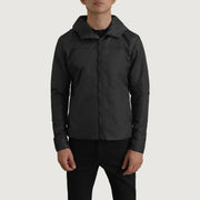 
ახლო ხედი of Classic Collar & Zipper With Inside Wind Flap. Hardware on Wesley შავი Hooded Windbreaker ტყავის ქურთუკი მამაკაცის