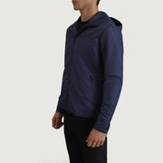 
Blue Full-Grain Leather Hooded Jacket - უკანა ხედი გამოკვეთილი მხრებით და სუფთა დაბოლოებით