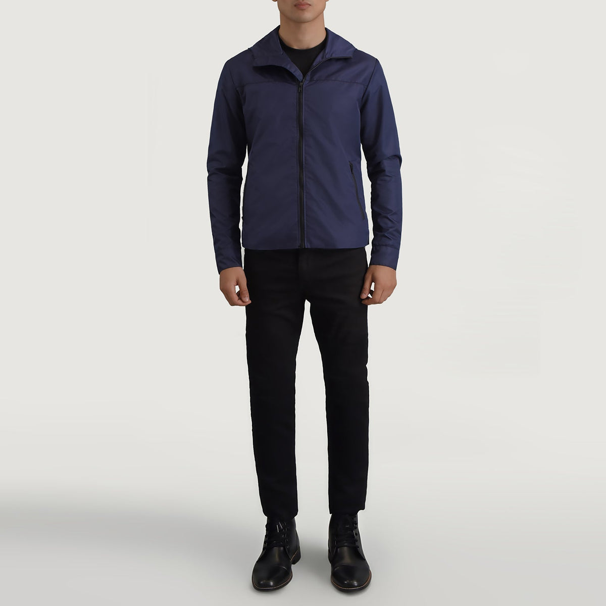 
Wesley ლურჯი Hooded Windbreaker ტყავის ქურთუკი მამაკაცის - გვერდითი პროფილი ერგონომიული სახელოს ჭრით