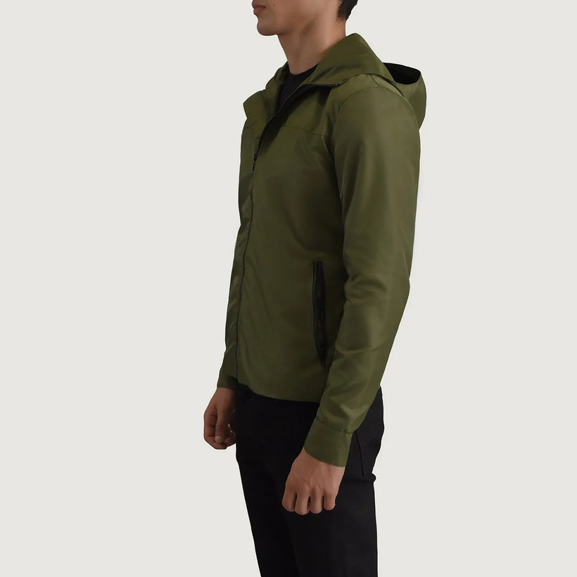 Wesley მწვანე Hooded Windbreaker ტყავის ქურთუკი მამაკაცის