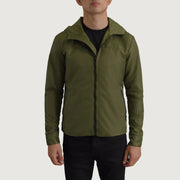 
ახლო ხედი of Classic Collar & Zipper With Inside Wind Flap. Hardware on Wesley მწვანე Hooded Windbreaker ტყავის ქურთუკი მამაკაცის